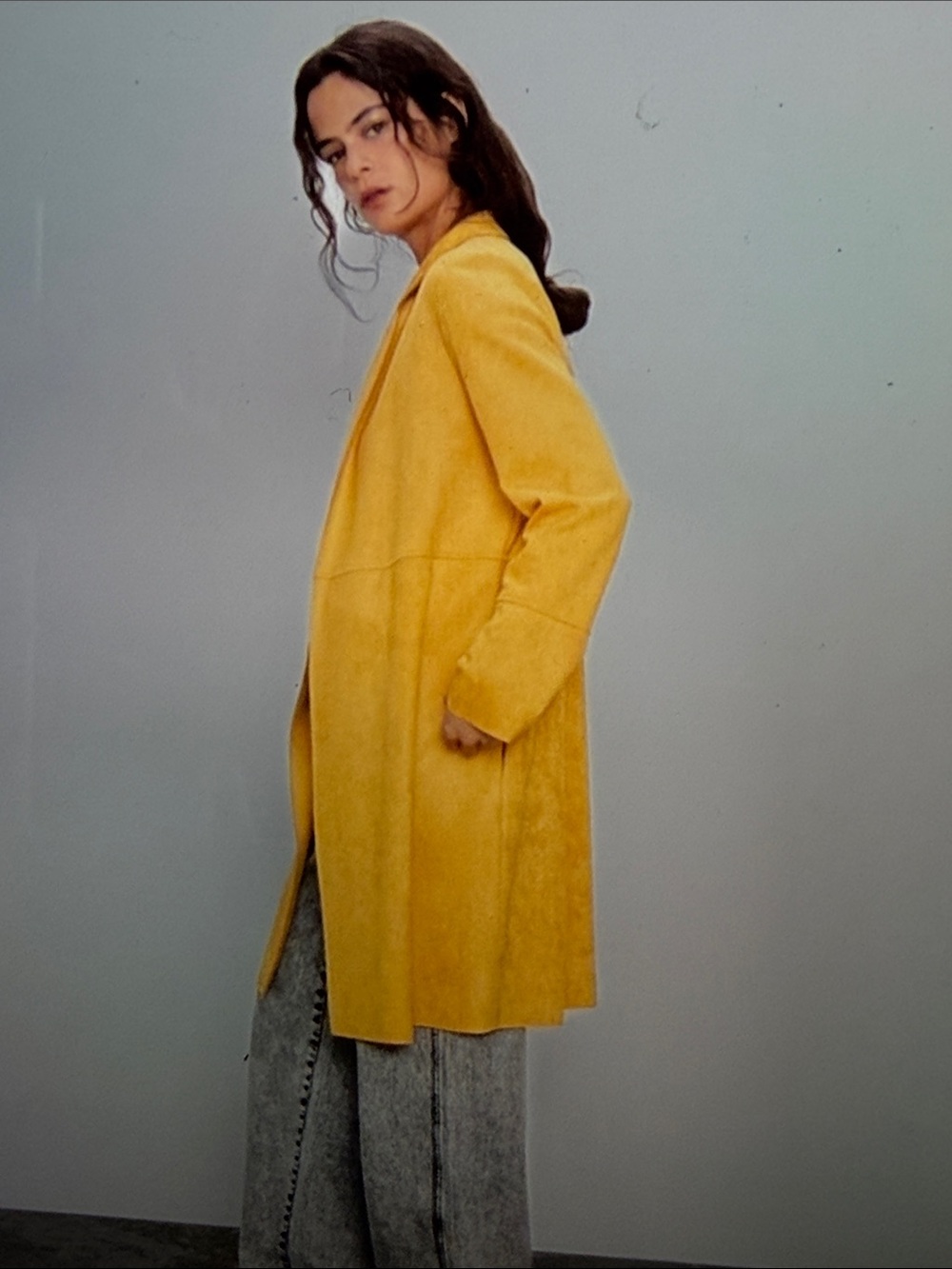 Zara Basics Yellow Faux Suede Long Open-Front Coat SzS